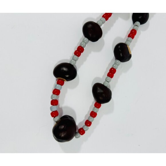 Handmade Buckeye Nut Necklace With Red & Gray Beads For Sports Fans Ohio State E - Picture 3 of 11